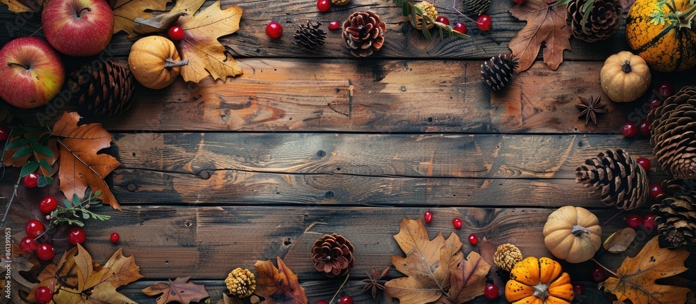 Aufkleber top view of an autumn-themed still life on a wooden background with copy space for text.