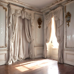 Vintage old room with large window and heavy curtains all in great state of disrepair