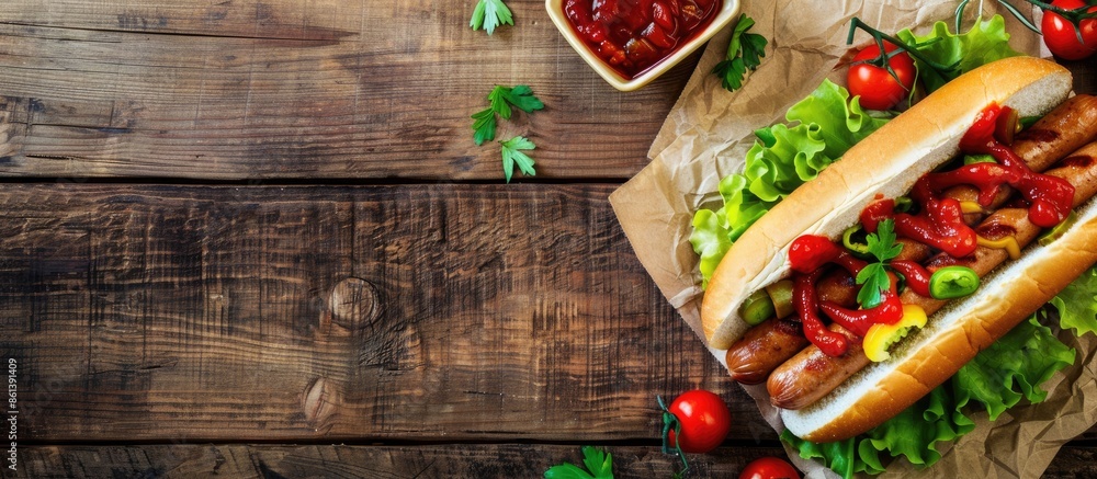Poster view from above of a rustic table with a hot dog, having a healthy twist with sausage, lettuce, and 