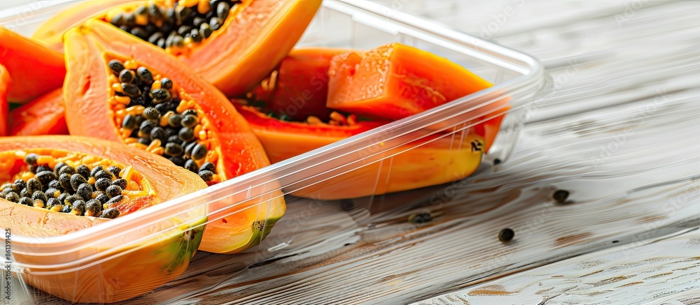 Poster bite-sized papaya in a plastic container on a white wooden table with copy space image, promoting a 