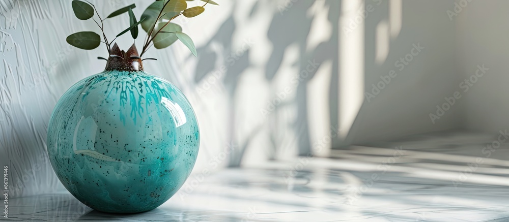 Poster a close-up of a stylish interior mockup featuring a turquoise pomegranate-shaped vase on a white bac