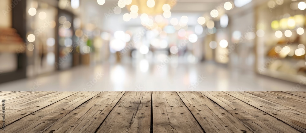 Poster blurred abstract department store background with wooden counter for display, design or promotion wi