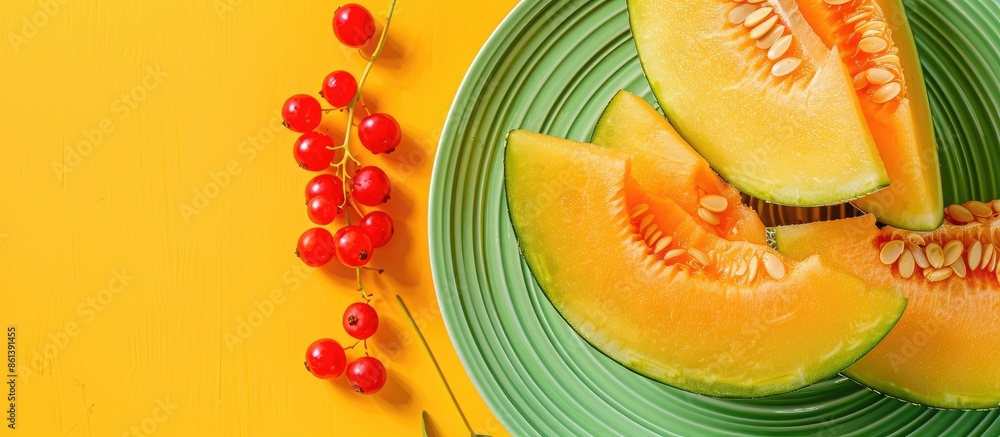 Poster melon slices with copy space image on yellow, skin melon on a green plate, rowan berries on a colorf