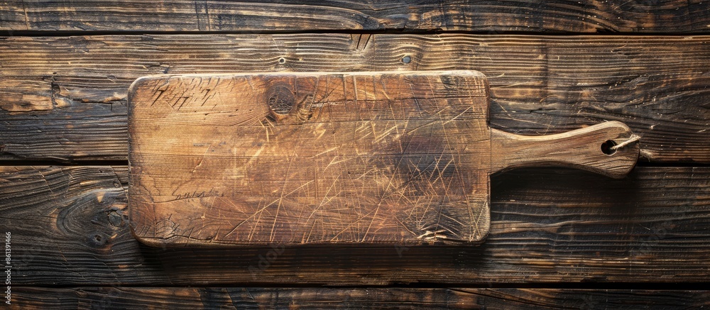 Aufkleber Aged cutting board rests on a rustic wooden table, seen from above with empty space for text or design in the image. copy space available