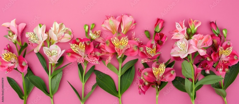 Poster Alstroemeria flowers arranged on a pink background for a greeting card concept with top view and copy space image.