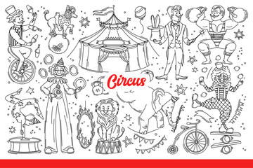 Circus performers and animals entertain spectators during performances in tent. Clowns or acrobats from traveling circus train dogs and lions or perform magic tricks. Hand drawn doodle © drawlab19