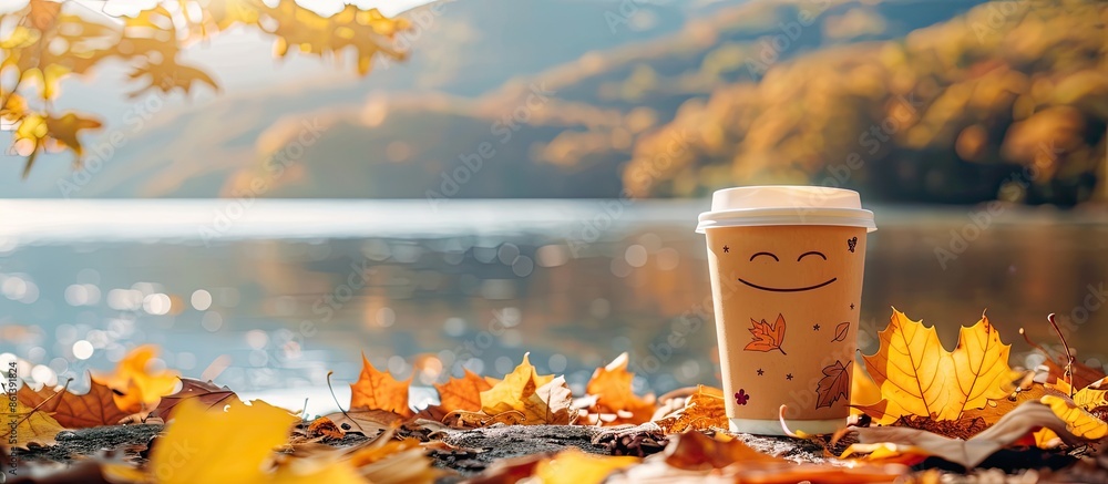 Poster fall-themed concept with a cheerful coffee cup featuring a smiling face amidst autumn leaves, with a