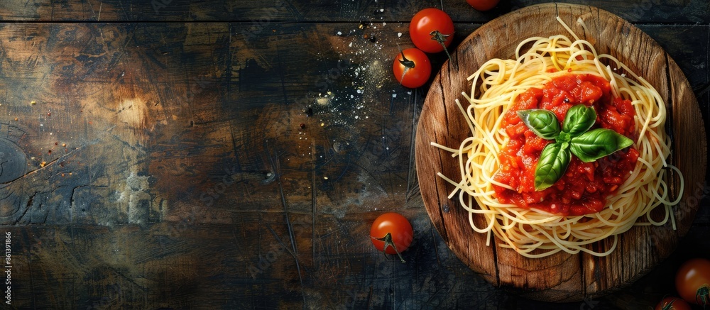 Poster italian spaghetti topped with rustic tomato pasta sauce, perfect for a meal. a top view showing the 