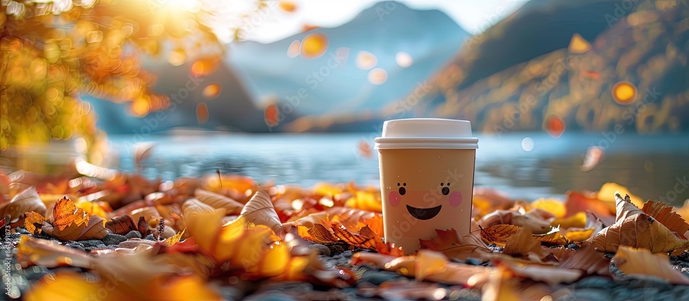 Poster fall-themed concept with a cheerful coffee cup featuring a smiling face amidst autumn leaves, with a