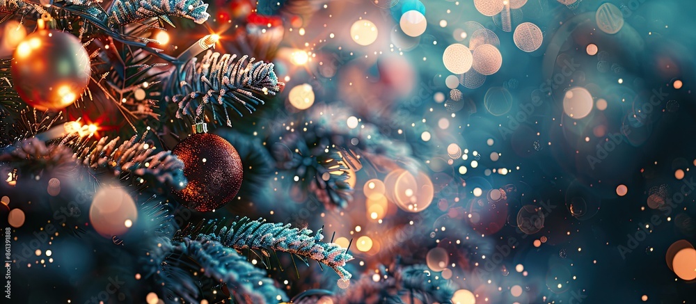 Fototapete A close-up image featuring a Christmas tree adorned with balls, set against a blurred backdrop of bokeh garlands, creating a festive New Year concept with copy space image.