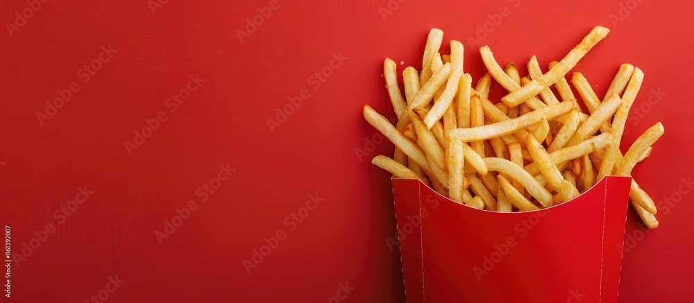 Poster close-up view of a frybox filled with french fries, against a red backdrop, with copy space image.