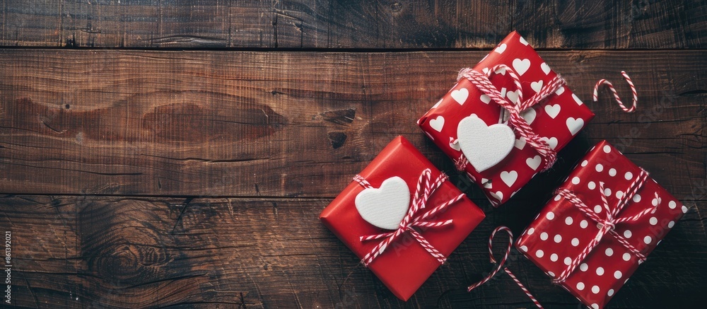 Aufkleber valentine's day concept displayed in a top-down photo of two gift boxes with white hearts on a woode