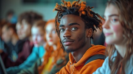 Young Man With Orange Dreadlocks Looking Directly at Camera in a Crowd