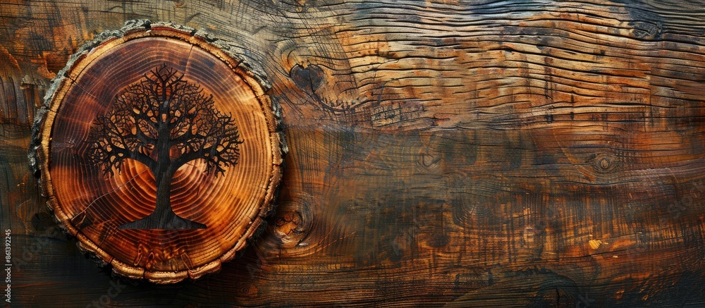 Poster tree cross section on antique wood backdrop with copy space image.
