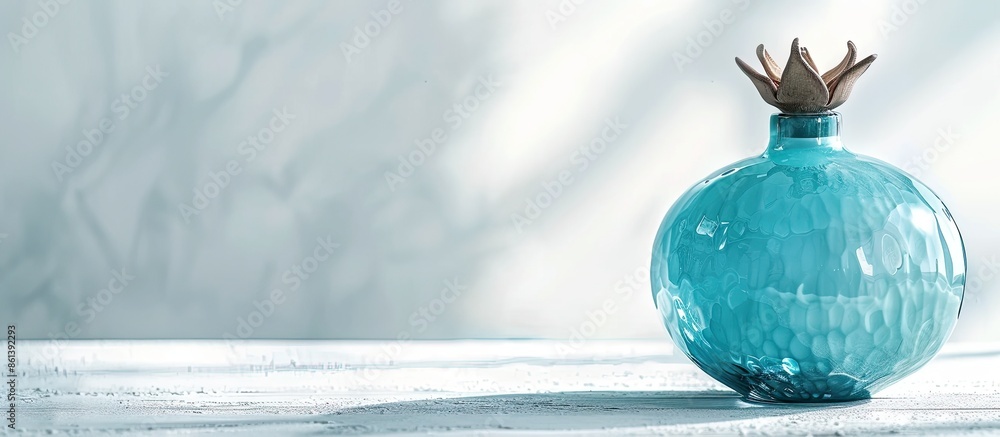 Poster a close-up of a stylish interior mockup featuring a turquoise pomegranate-shaped vase on a white bac