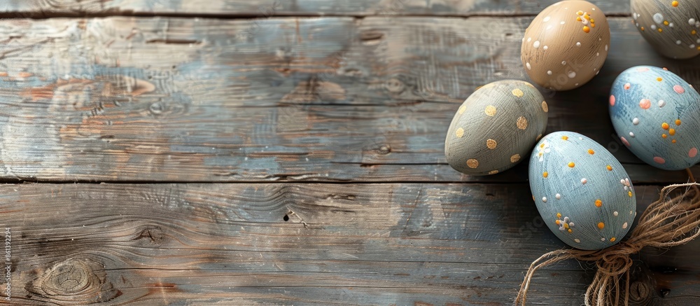 Aufkleber close-up view of easter decorations with painted eggs on a wooden table with copy space image.