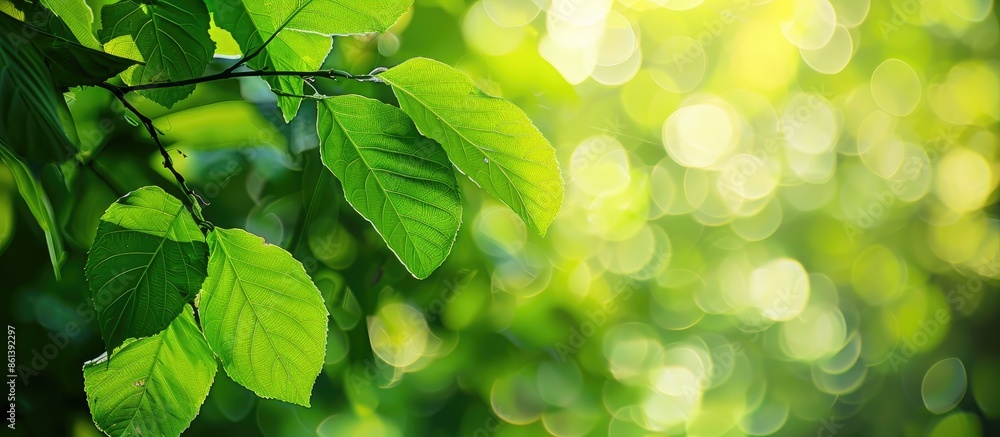Poster fresh green leaves in close-up on a blurred bokeh background in the park, offering ample copy space 