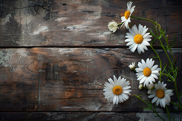 Obraz premium Background of chamomile flower on an old blue wood board.