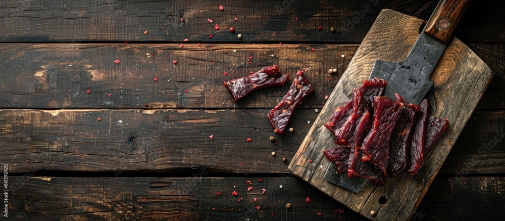 Poster Top view of meat jerky displayed on a butcher's cleaver against a dark wooden backdrop with space for adding text or images. copy space available