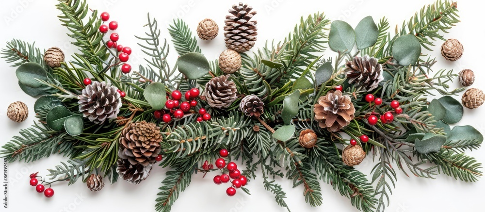 Poster top view of a festive new year's arrangement on a white background featuring evergreen branches, red
