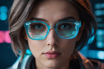 Close-up portrait of woman looking directly at camera wearing glasses reflecting blue code