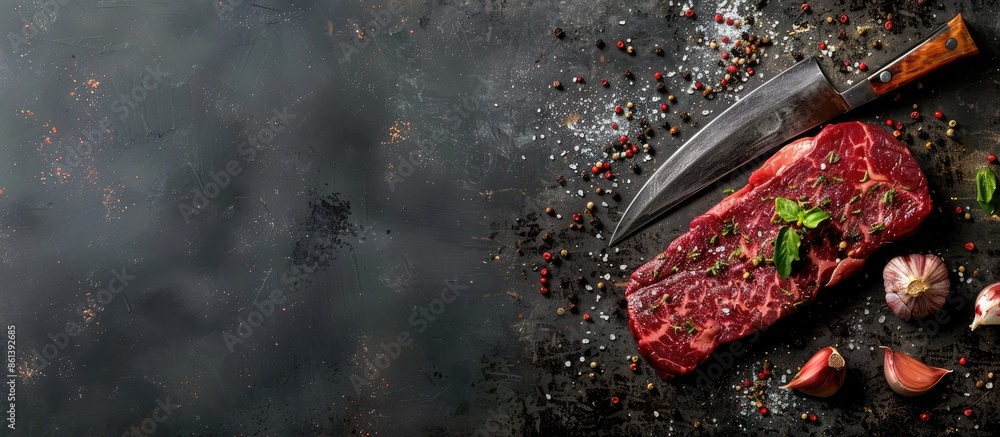 Poster fresh marbled steak meat with seasonings and a meat cleaver on a metallic surface with copy space im