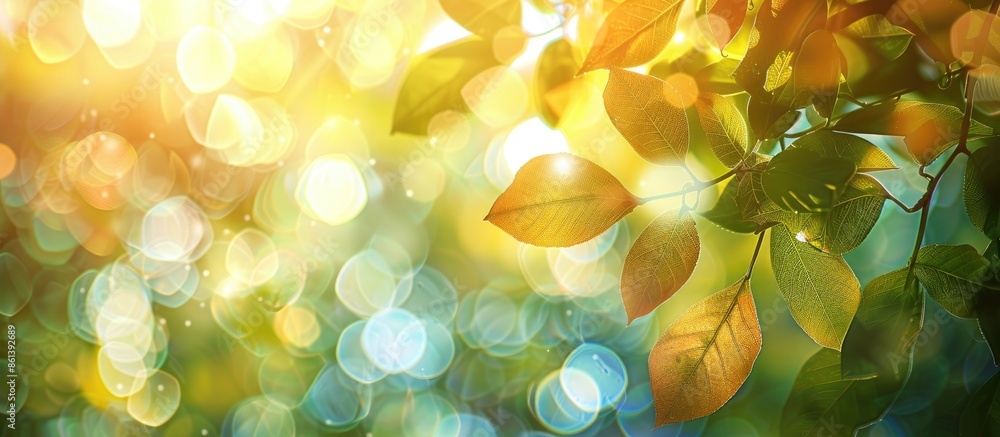 Poster abstract blurred foliage creates a bokeh background illuminated by bright summer sunlight, suitable 