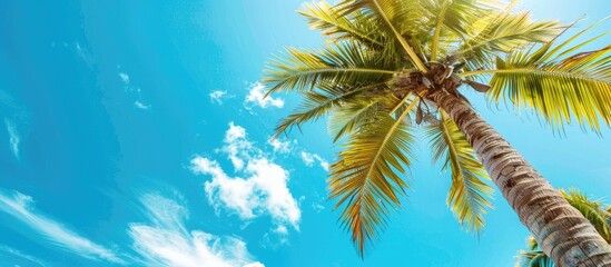 High-quality image featuring a coconut tree against a blue sky during summer, creating a vibrant background with ample copy space.