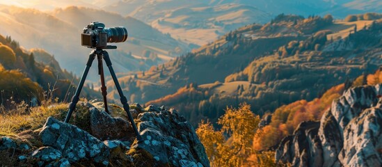 Tripod-mounted camera capturing scenic mountain views with copy space image.