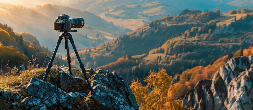 Tripod-mounted camera capturing scenic mountain views with copy space image. - Powered by Adobe