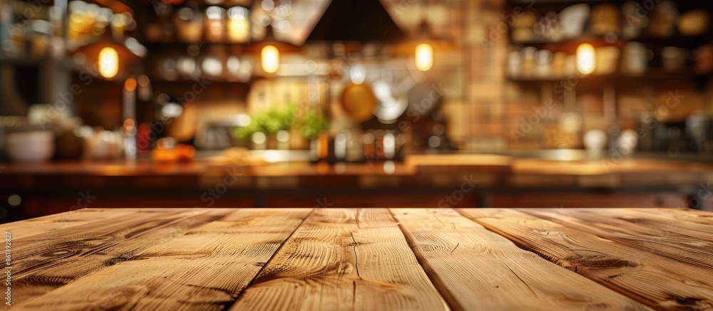 Poster blur kitchen background with a wooden table for product display or key visual layout in a copy space