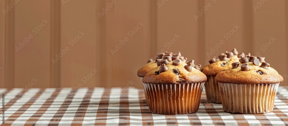 Poster Three muffins displayed on a checkered tablecloth with copy space image.