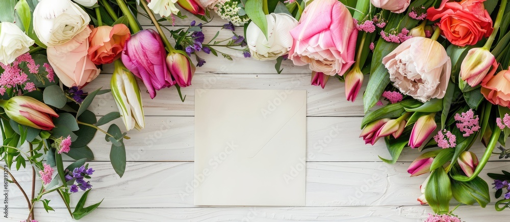 Poster celebrate mother's day with a stunning arrangement of flowers and an empty card, elegantly displayed