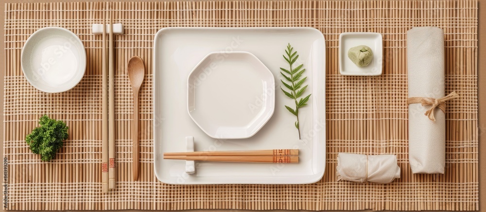 Poster an arrangement of sushi tableware including a rectangular plate, saucer, ginger, wasabi, and chopsti
