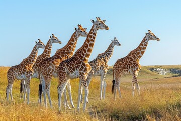 Obraz premium An inspiring image of a group of giraffes standing gracefully in a sunlit savannah, showcasing the elegance and beauty of these magnificent animals in their natural habitat.