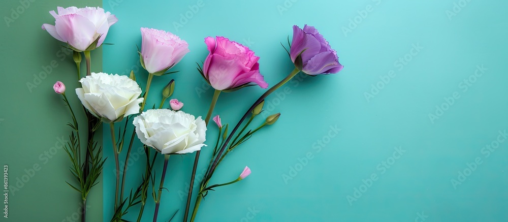 Poster beautiful summer flowers - white, pink, and violet eustoma set on a green and blue background with a