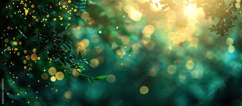 Poster Vintage green bokeh glitters create a charming ambiance in the copy space image.