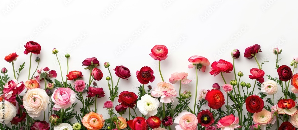 Poster a beautiful ranunculus bouquet displayed against a white backdrop with copy space image.