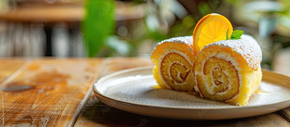 Poster serving of yuzu orange roll cake on a white plate against a wooden table background featuring ample 