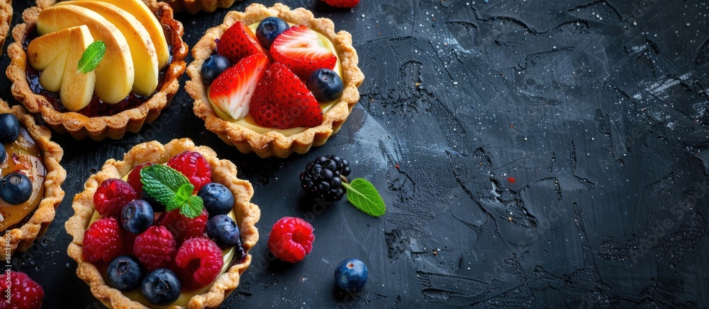 Poster delicious tartlets in a mix of flavors with copy space image.