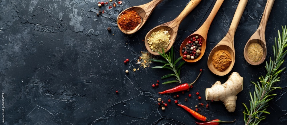 Poster top view of a black background with wooden spoons holding dry spices like ginger, rosemary, and chil