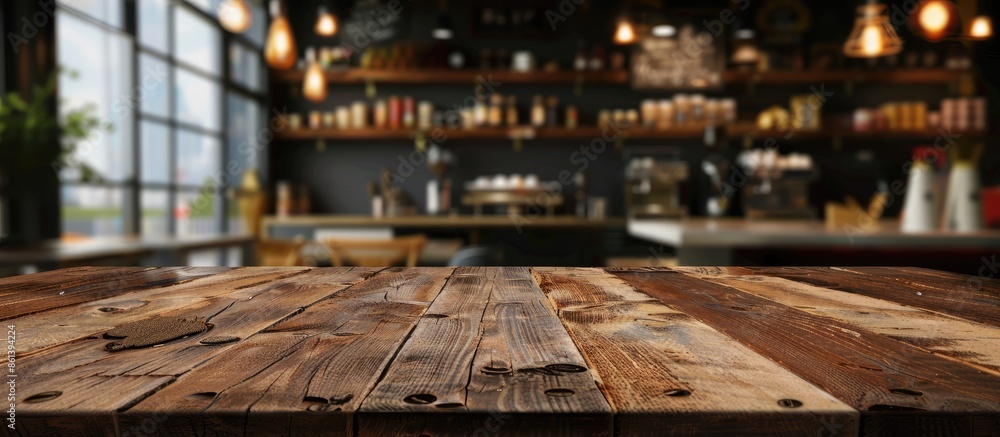 Poster an empty brown wooden table at a coffee shop with a blurred background and bokeh effect, perfect for