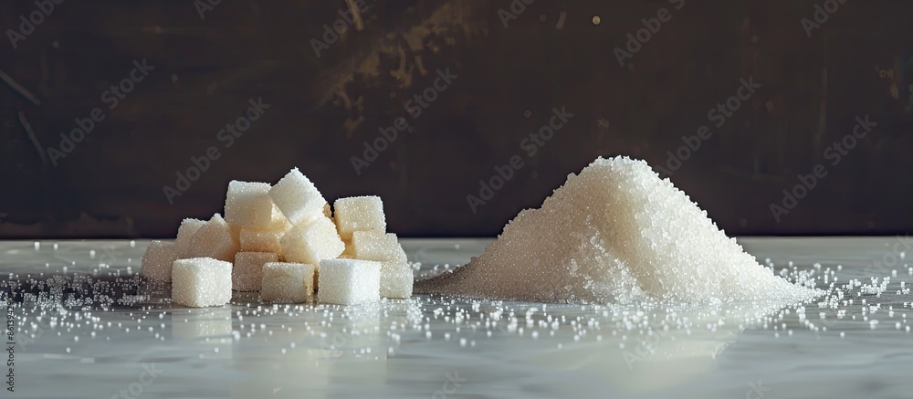Poster two piles of sugar - granulated and cubes, with copy space image.