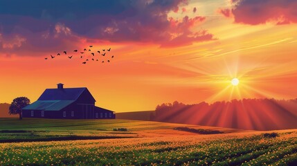 A serene scene of a farmhouse silhouette set against a vibrant sunset sky, perfect for agritourism and farm product promotions. Generative AI
