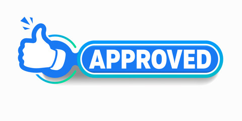 Approved icon. The blue label is accepted with the thumb up. The badge has been tested and verified. Vector illustration approved flag of quality check icon. Featured product with logo for promotion.  © Lelia Ledencova