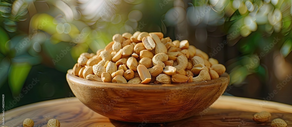 Poster selective focus applied to peanuts in a wooden dish creates a captivating copy space image.