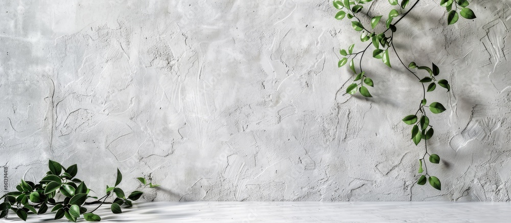 Poster Utilized as a backdrop for showcasing cosmetic items in online sales with a white and gray textured cement wall studio background creating a copy space image.