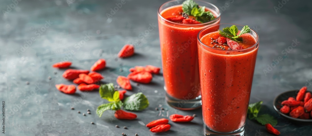 Poster Glasses on the table showcase a refreshing smoothie garnished with vibrant goji berries against a blank backdrop for a copy space image.