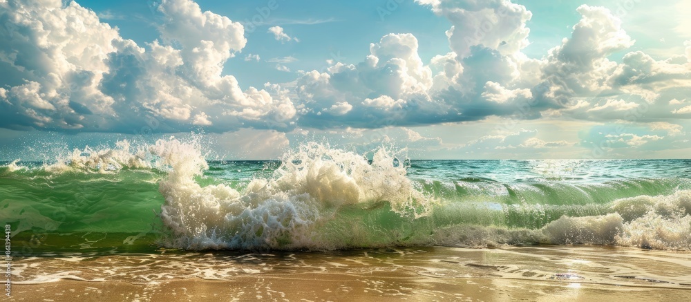 Poster Scenic beach setting with vibrant green wave crashing against the shoreline under a sky scattered with fluffy white cumulus clouds, ideal as a copy space image.