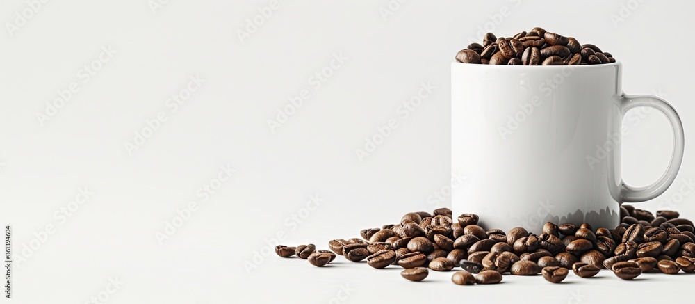 Poster coffee beans fill a white mug against a transparent backdrop in a copy space image.